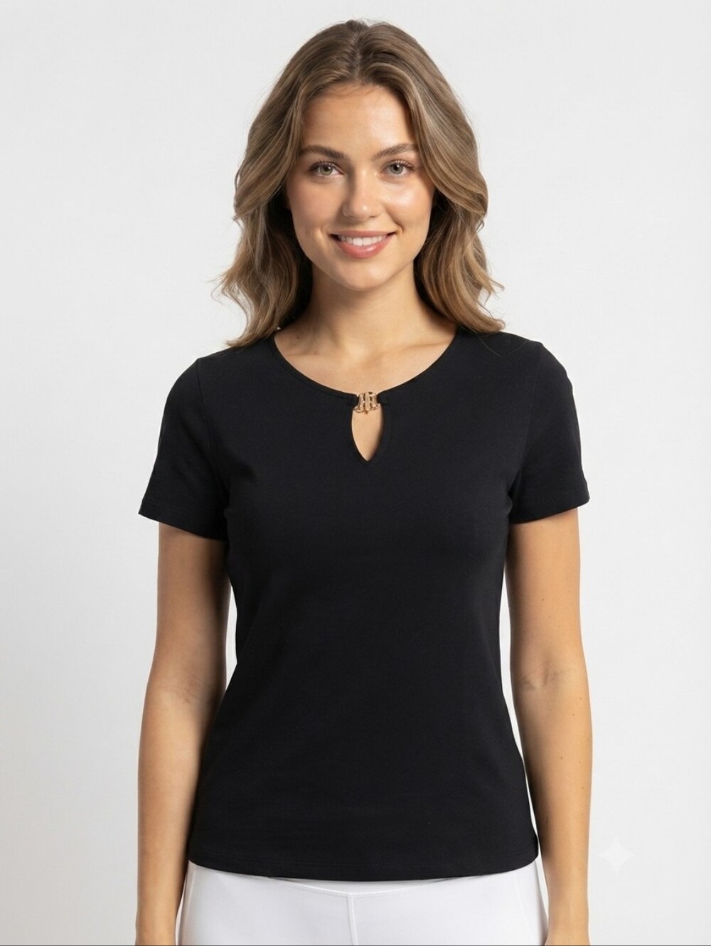 Tommy Hilfiger Black Short-Sleeve Keyhole Tee with Gold Clasp